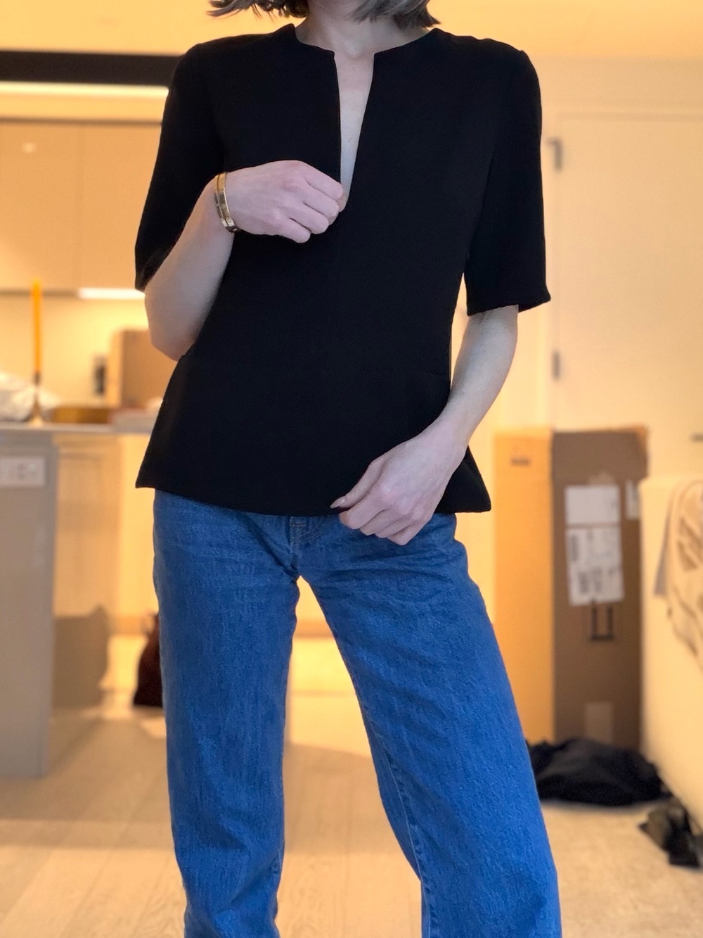 Classic Black Zip Front Poplin Top